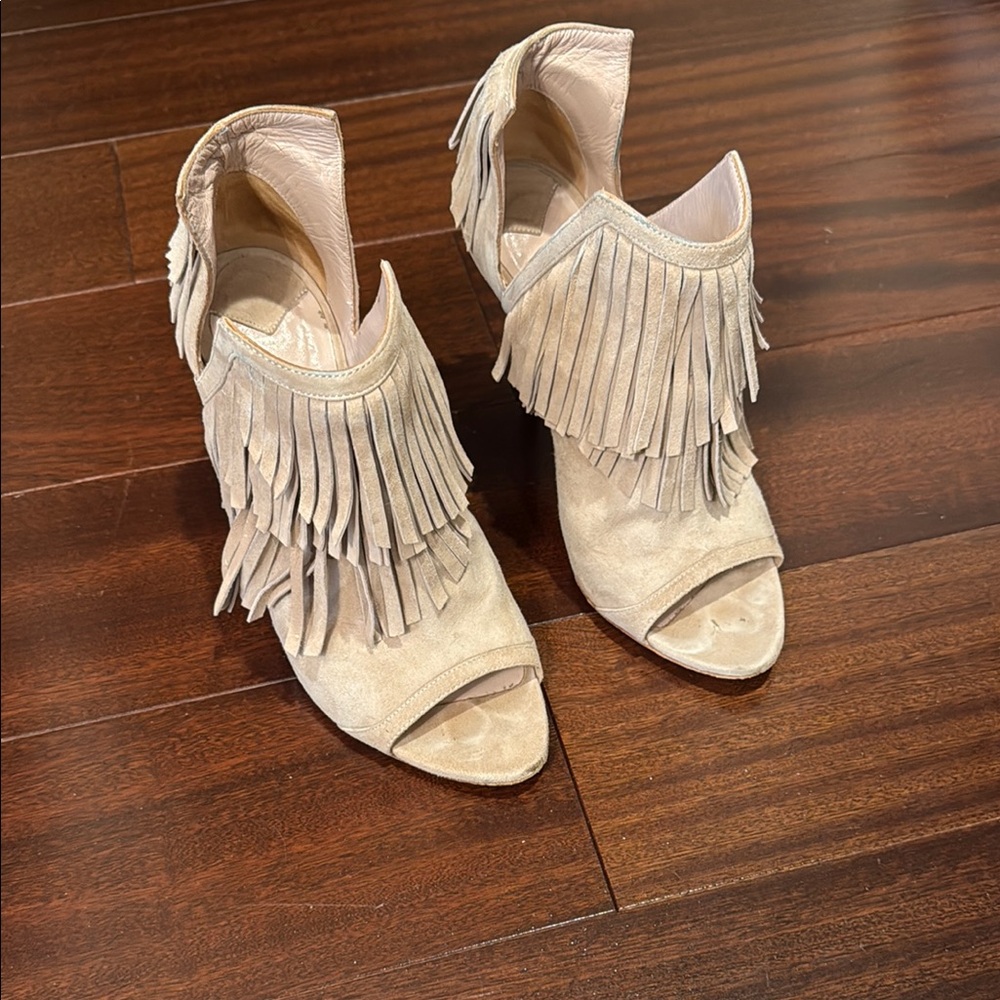 Fringed Peep-Toe Ankle Boots - Cream